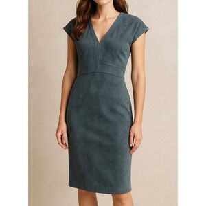 Level 99 IVAN Faux Suede V-Neck Sheath Fitted Dress Slate Blue Gray Medium